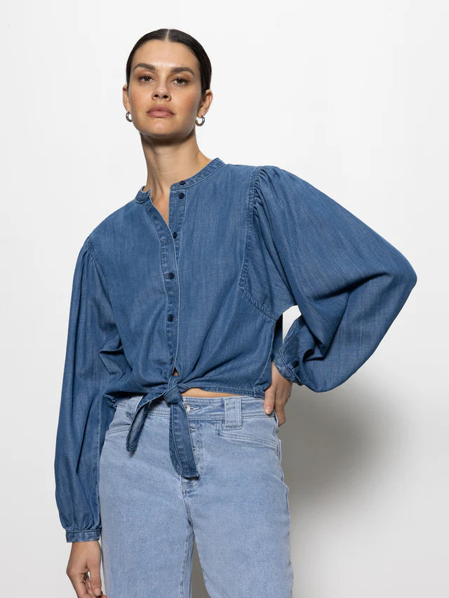 Tie Front Volume Blouse-Blue Slate