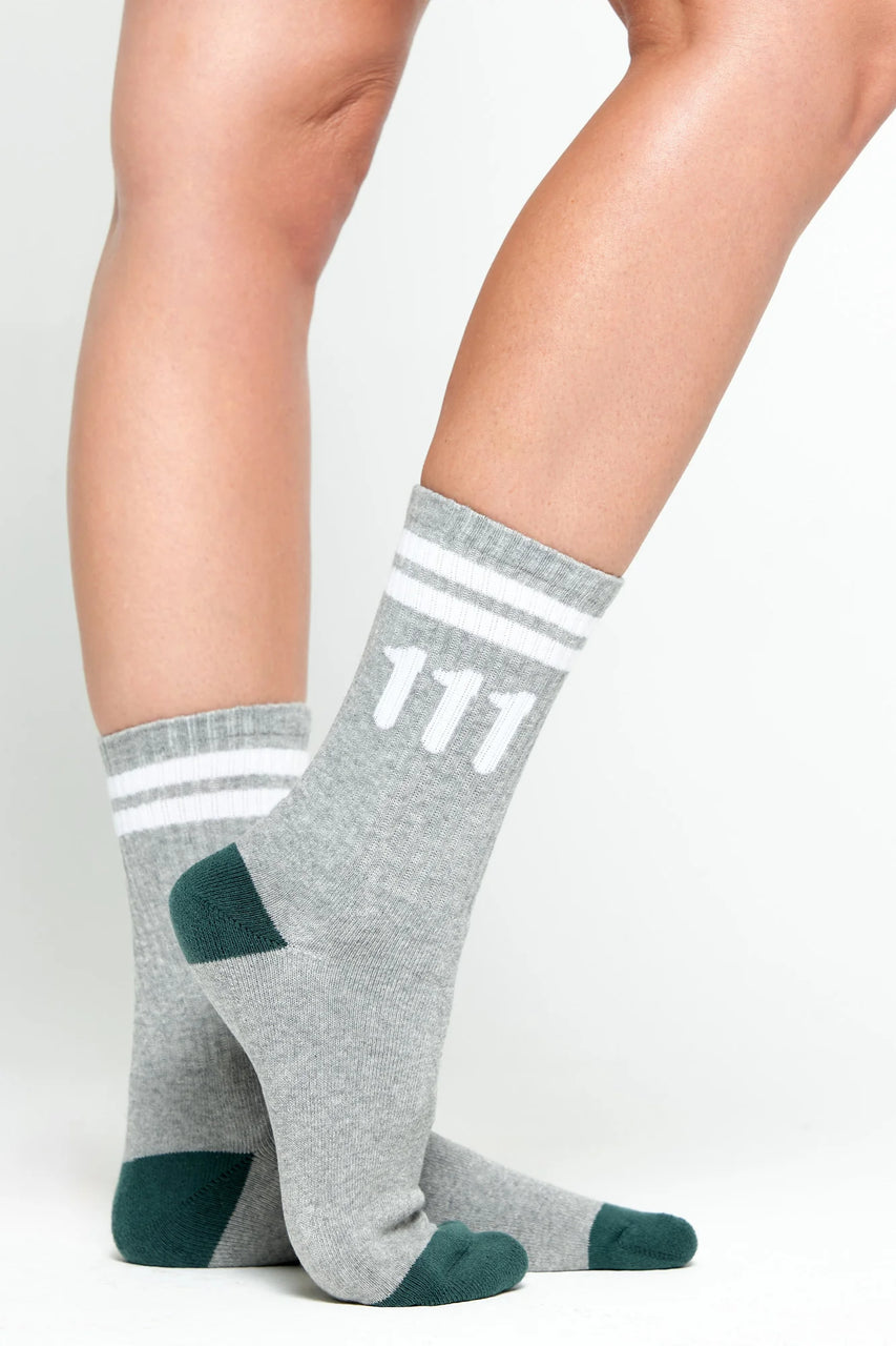 111 Crew Sock- Heather Grey/White/Green