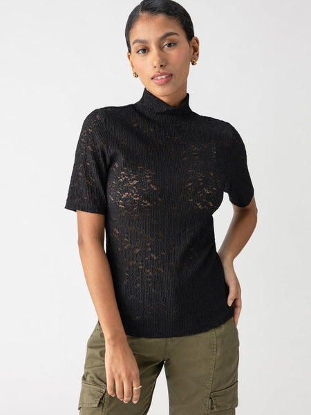 Short Sleeve Lace Mock Knit Top - Black