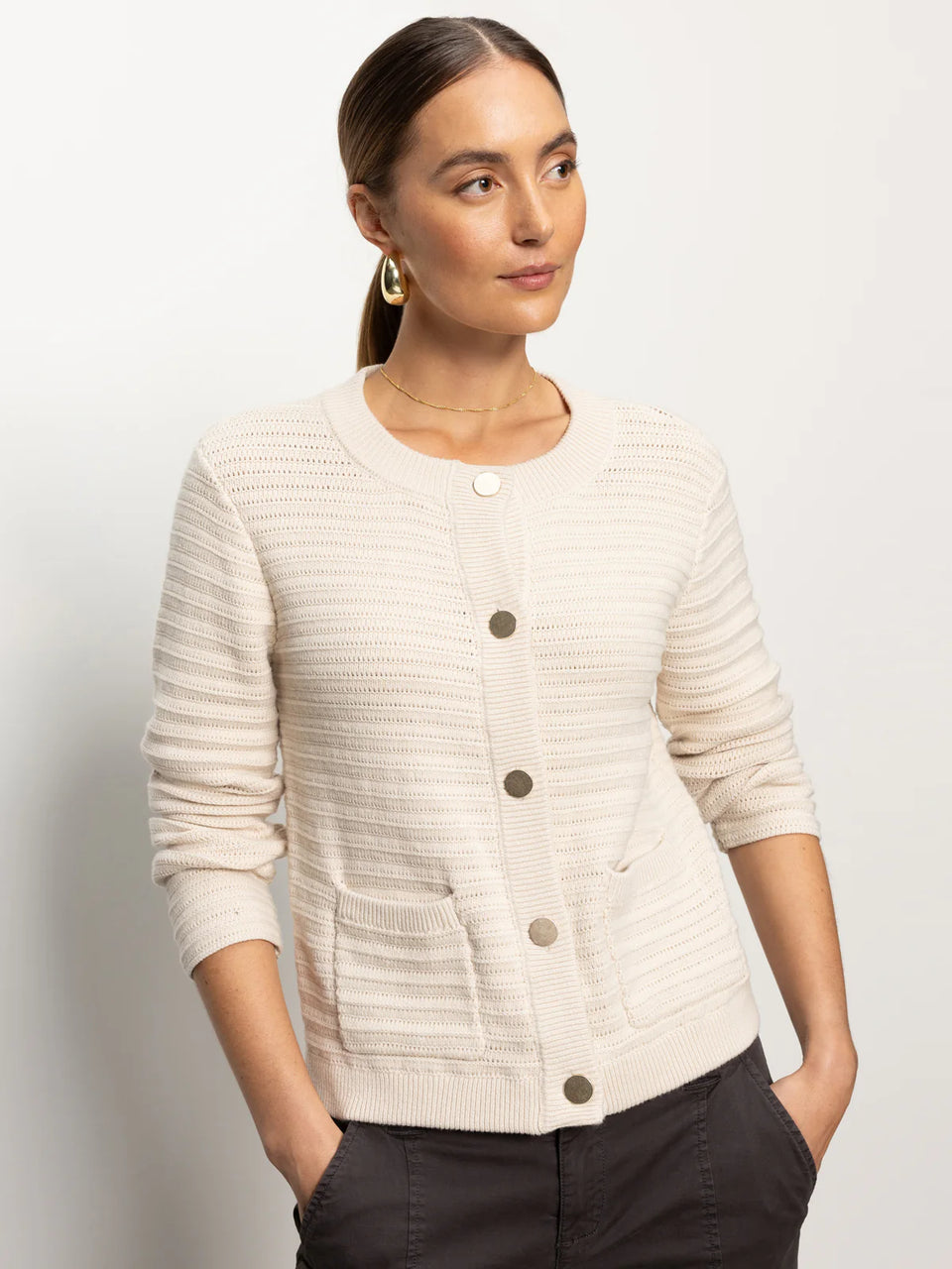 Pointelle Knitted Jacket- Light Oat