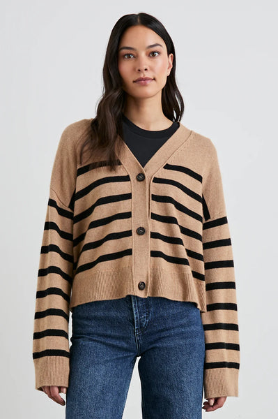 Geneva Cardigan- Camel Black Stripe