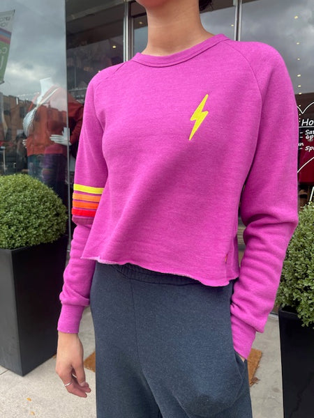 Bolt Rugby Stitch Cropped Crew Sweatshirt- Magenta/ Orange Yellow