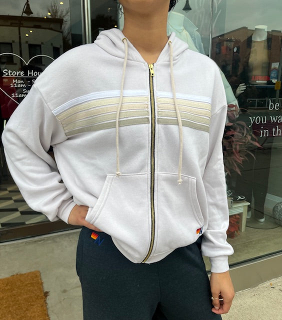 5 Stripe Relaxed Zip Hoodie- Dove Grey/ White Grey