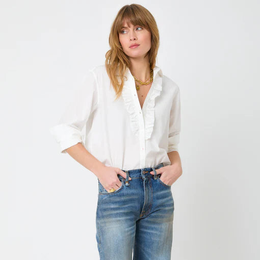 Mia Ruffle Front Shirt - White