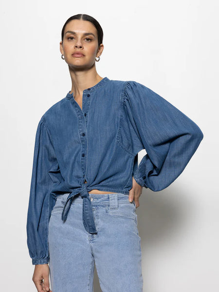 Tie Front Volume Blouse-Blue Slate