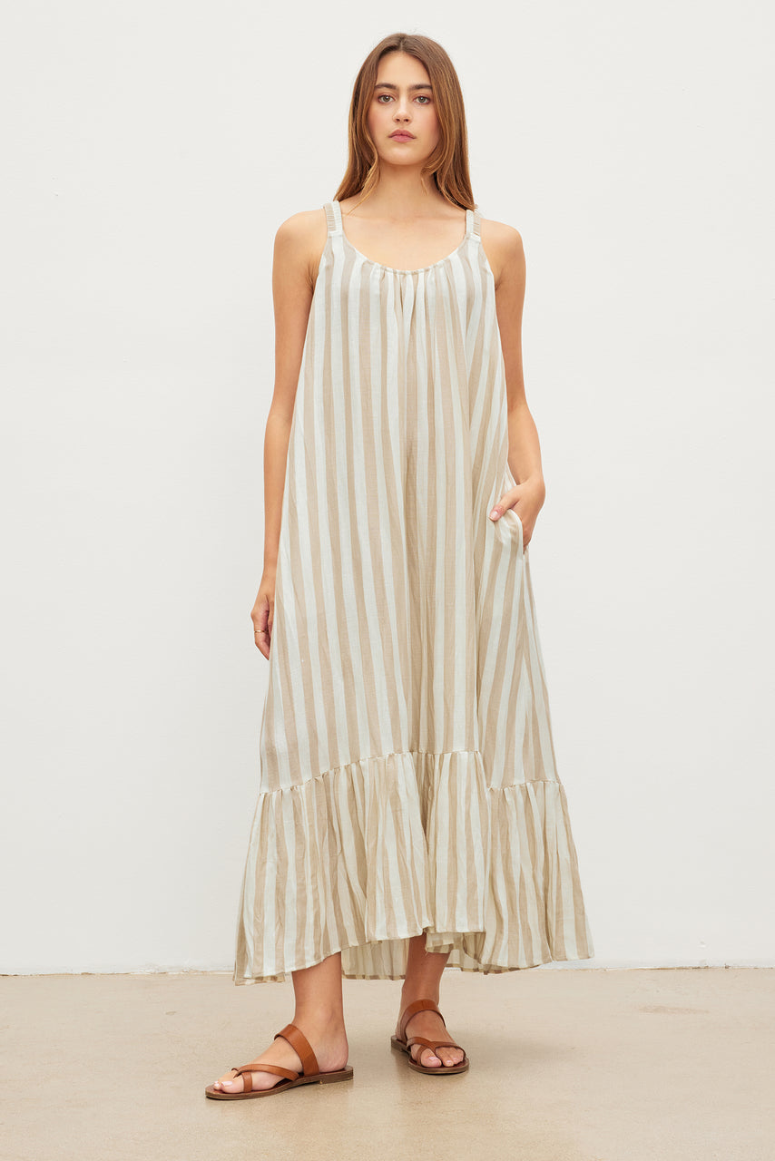 Meradith Linen Stripe Sleeveless Dress - Khaki