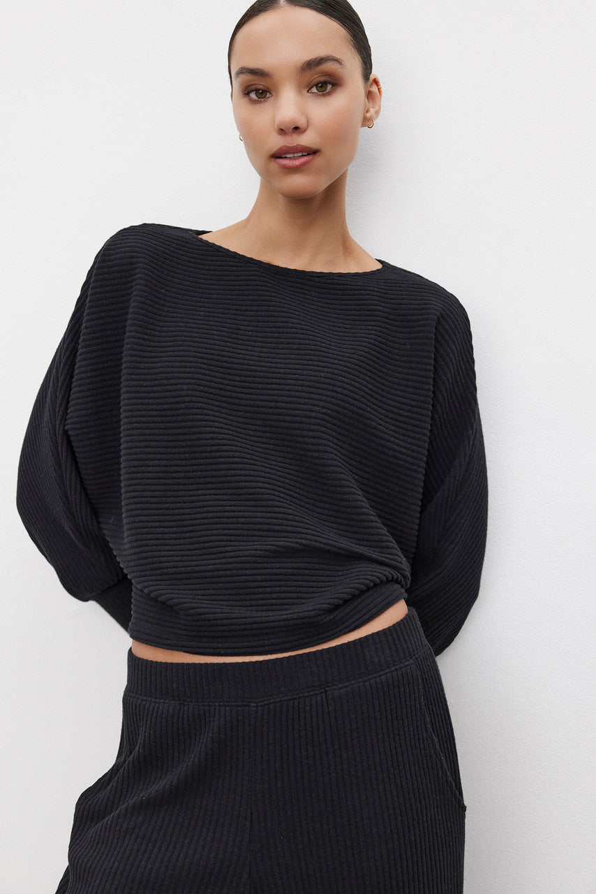 Desiree Rib Boat Neck Top - Black