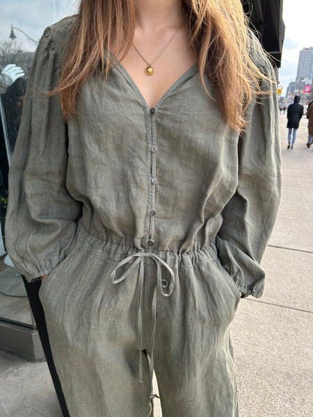 Dionne Woven Linen Jumpsuit- Olive