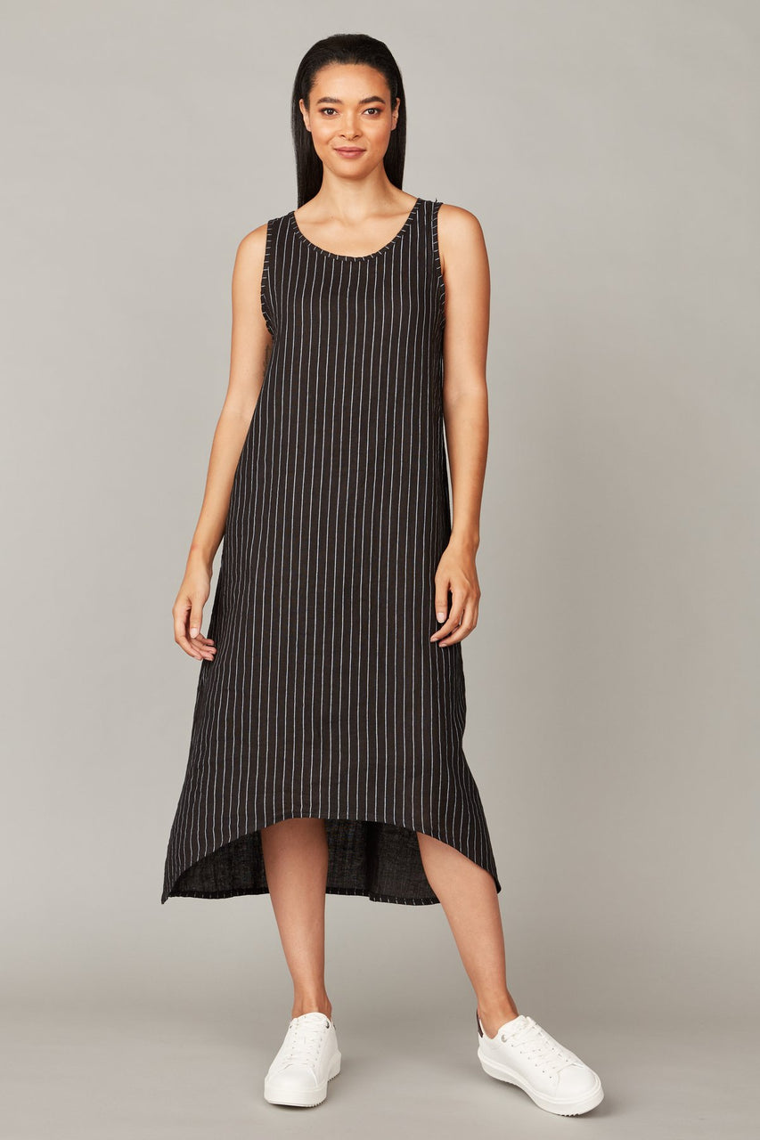 Pinstripe Linen Maxi Dress - Black w/ White Stripe