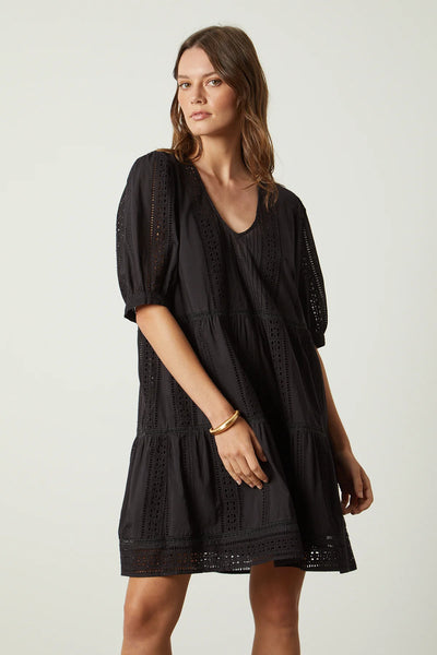 Margaret Embroidered Cotton Dress- Black