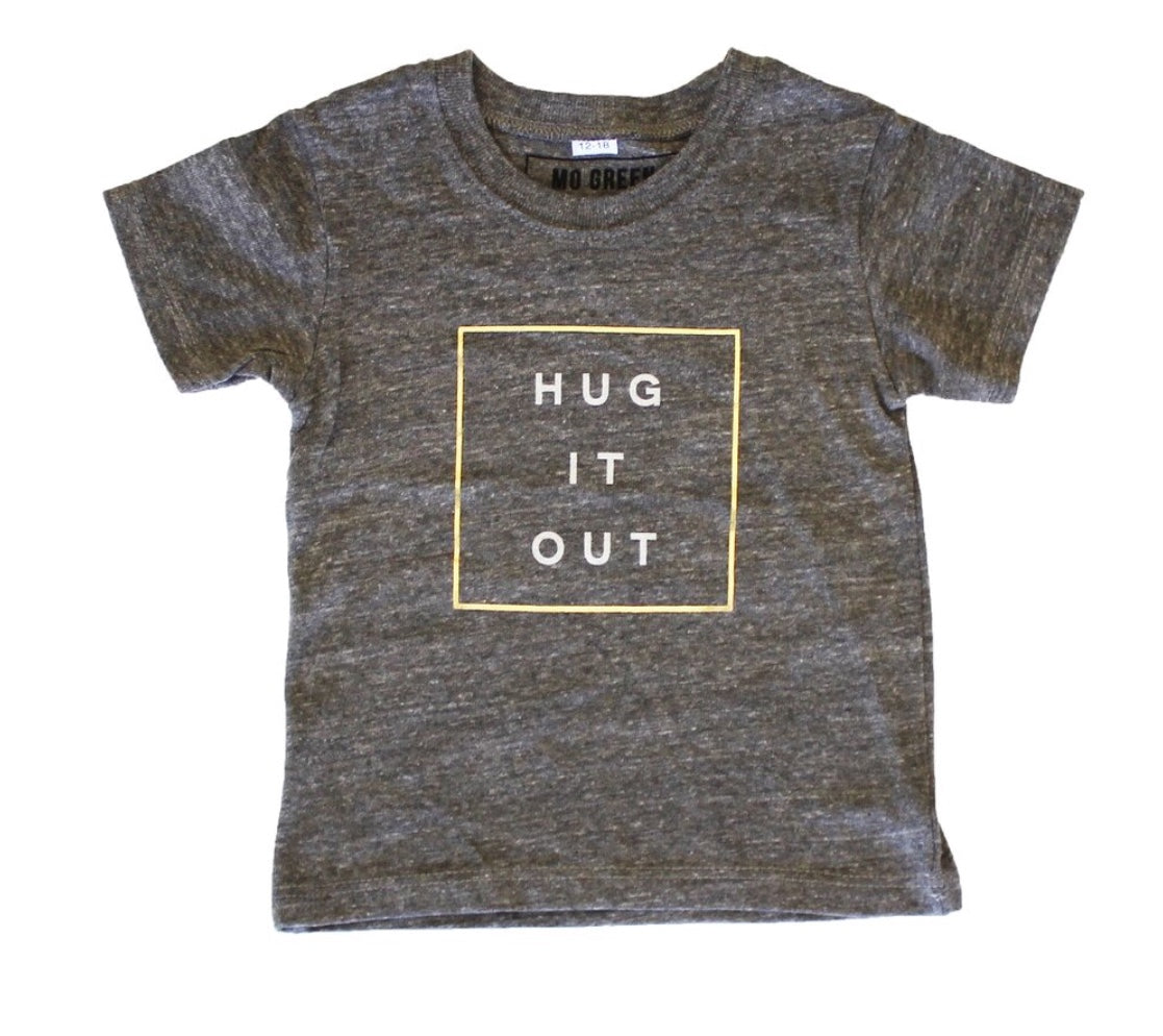Grey Kids Tee, Middle Square With Hug It Out Written in White lettering