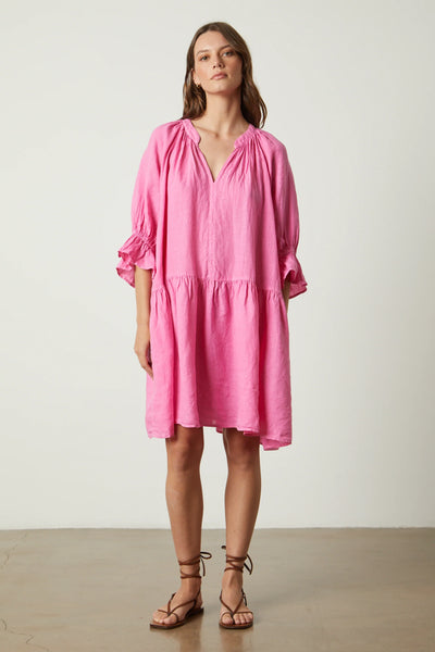 Bria Linen 3/4 Sleeve Dress- Flamingo